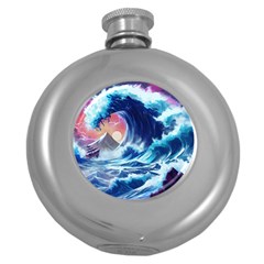 Storm Tsunami Waves Ocean Sea Nautical Nature Round Hip Flask (5 Oz) by Jancukart