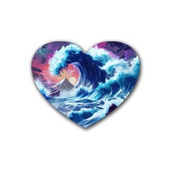 Storm Tsunami Waves Ocean Sea Nautical Nature Rubber Heart Coaster (4 Pack) by Jancukart