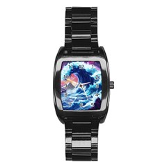 Storm Tsunami Waves Ocean Sea Nautical Nature Stainless Steel Barrel Watch by Jancukart