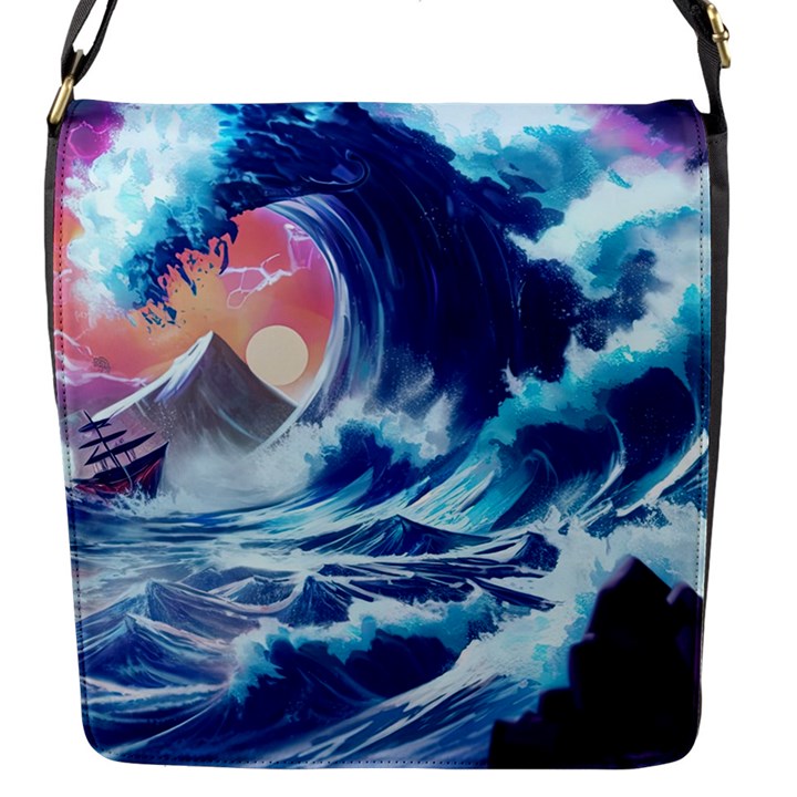 Storm Tsunami Waves Ocean Sea Nautical Nature Flap Closure Messenger Bag (S)