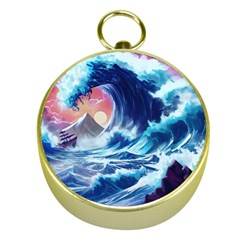 Storm Tsunami Waves Ocean Sea Nautical Nature Gold Compasses by Jancukart