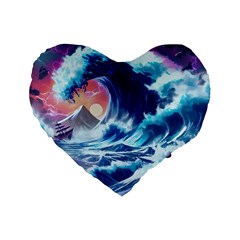 Storm Tsunami Waves Ocean Sea Nautical Nature Standard 16  Premium Flano Heart Shape Cushions by Jancukart