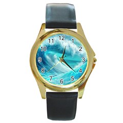 Tsunami Waves Ocean Sea Nautical Nature Water Tidal Round Gold Metal Watch by Jancukart