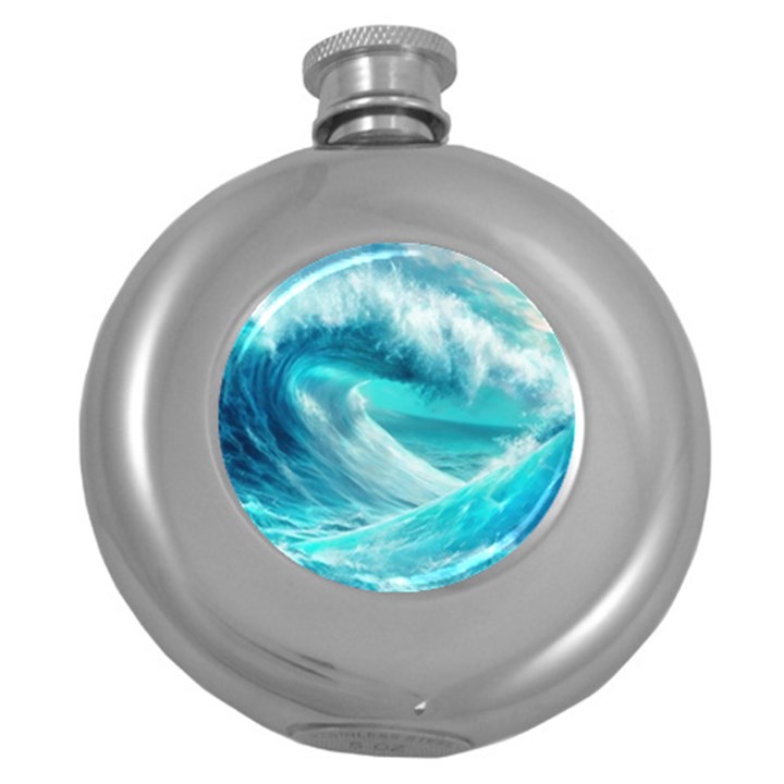 Tsunami Waves Ocean Sea Nautical Nature Water Tidal Round Hip Flask (5 oz)