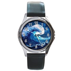 Tsunami Waves Ocean Sea Nautical Nature Water Moon Round Metal Watch by Jancukart