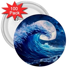 Tsunami Waves Ocean Sea Nautical Nature Water Moon 3  Buttons (100 Pack)  by Jancukart