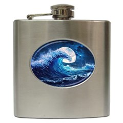 Tsunami Waves Ocean Sea Nautical Nature Water Moon Hip Flask (6 Oz) by Jancukart