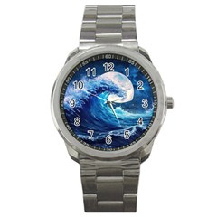 Tsunami Waves Ocean Sea Nautical Nature Water Moon Sport Metal Watch by Jancukart