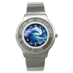 Tsunami Waves Ocean Sea Nautical Nature Water Moon Stainless Steel Watch by Jancukart