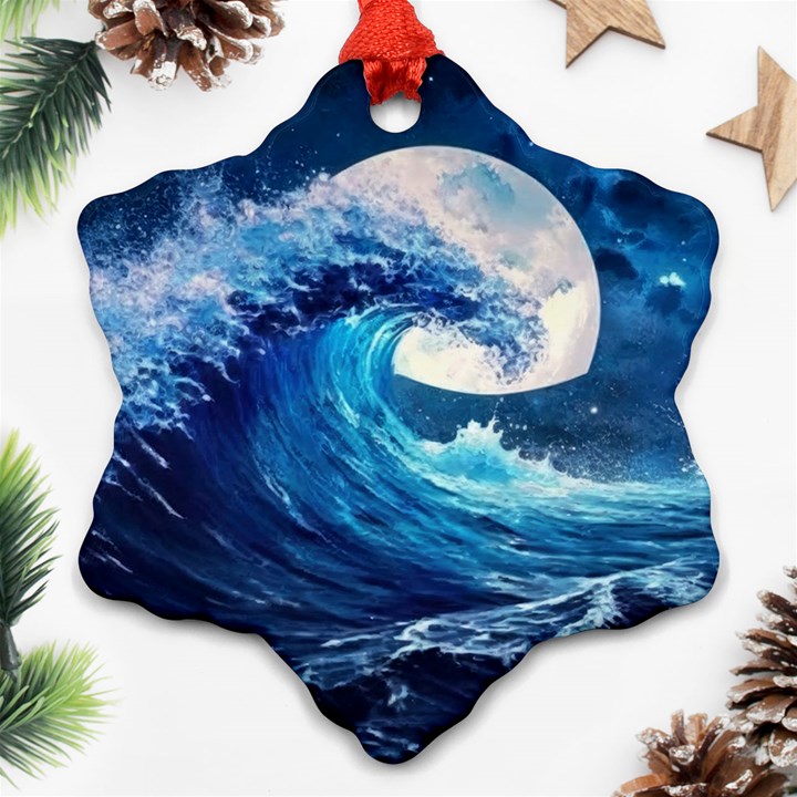 Tsunami Waves Ocean Sea Nautical Nature Water Moon Snowflake Ornament (Two Sides)