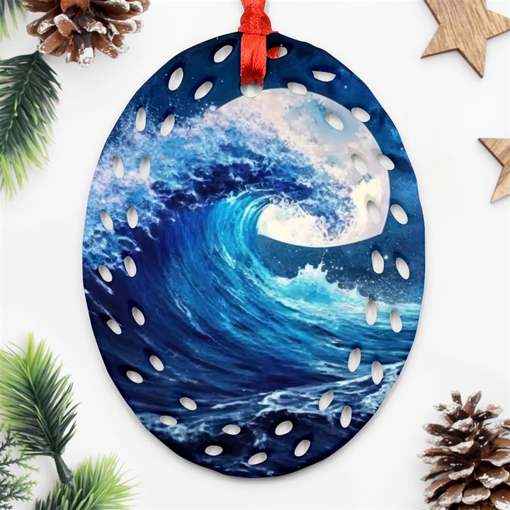 Tsunami Waves Ocean Sea Nautical Nature Water Moon Ornament (Oval Filigree)