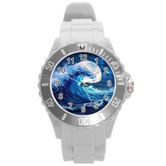 Tsunami Waves Ocean Sea Nautical Nature Water Moon Round Plastic Sport Watch (l) by Jancukart