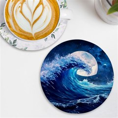 Tsunami Waves Ocean Sea Nautical Nature Water Moon Uv Print Round Tile Coaster by Jancukart