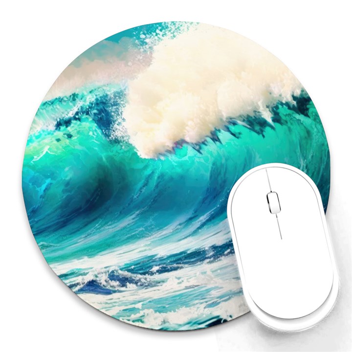 Tsunami Waves Ocean Sea Nautical Nature Water Art Ai Generated Round Mousepad