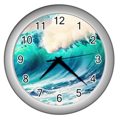 Tsunami Waves Ocean Sea Nautical Nature Water Art Ai Generated Wall Clock (silver)