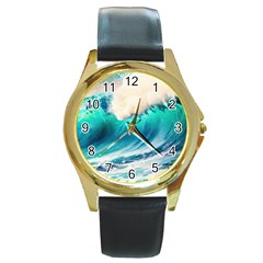 Tsunami Waves Ocean Sea Nautical Nature Water Art Ai Generated Round Gold Metal Watch by Jancukart