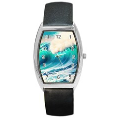 Tsunami Waves Ocean Sea Nautical Nature Water Art Ai Generated Barrel Style Metal Watch