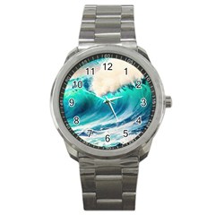 Tsunami Waves Ocean Sea Nautical Nature Water Art Ai Generated Sport Metal Watch by Jancukart