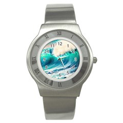 Tsunami Waves Ocean Sea Nautical Nature Water Art Ai Generated Stainless Steel Watch by Jancukart