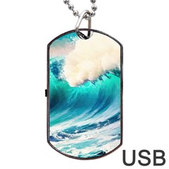 Tsunami Waves Ocean Sea Nautical Nature Water Art Ai Generated Dog Tag Usb Flash (two Sides) by Jancukart