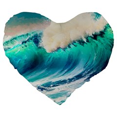 Tsunami Waves Ocean Sea Nautical Nature Water Art Ai Generated Large 19  Premium Flano Heart Shape Cushions