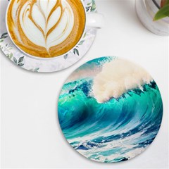 Tsunami Waves Ocean Sea Nautical Nature Water Art Ai Generated Uv Print Round Tile Coaster by Jancukart