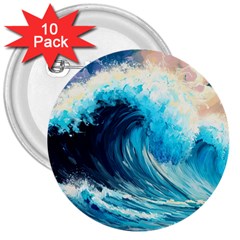 Tsunami Waves Ocean Sea Nautical Nature Water Arts 3  Buttons (10 Pack) 