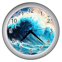 Tsunami Waves Ocean Sea Nautical Nature Water Arts Wall Clock (silver)