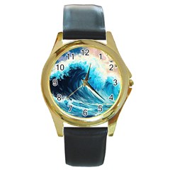 Tsunami Waves Ocean Sea Nautical Nature Water Arts Round Gold Metal Watch by Jancukart