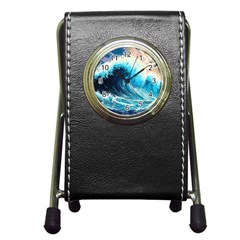 Tsunami Waves Ocean Sea Nautical Nature Water Arts Pen Holder Desk Clock by Jancukart