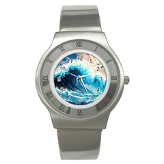 Tsunami Waves Ocean Sea Nautical Nature Water Arts Stainless Steel Watch by Jancukart