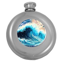 Tsunami Waves Ocean Sea Nautical Nature Water Arts Round Hip Flask (5 Oz) by Jancukart