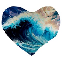 Tsunami Waves Ocean Sea Nautical Nature Water Arts Large 19  Premium Heart Shape Cushions