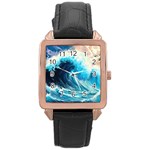 Tsunami Waves Ocean Sea Nautical Nature Water Arts Rose Gold Leather Watch  Front