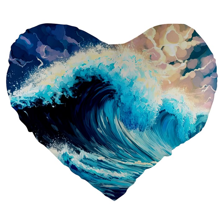 Tsunami Waves Ocean Sea Nautical Nature Water Arts Large 19  Premium Flano Heart Shape Cushions