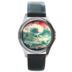 Storm Tsunami Waves Ocean Sea Nautical Nature 2 Round Metal Watch