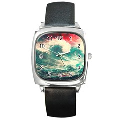 Storm Tsunami Waves Ocean Sea Nautical Nature 2 Square Metal Watch