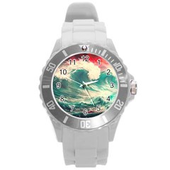 Storm Tsunami Waves Ocean Sea Nautical Nature 2 Round Plastic Sport Watch (l) by Jancukart