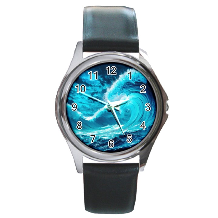 Waves Ocean Sea Tsunami Nautical 3 Round Metal Watch