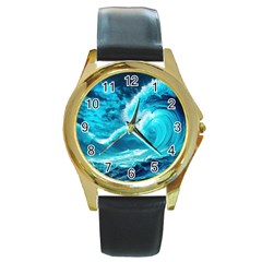 Waves Ocean Sea Tsunami Nautical 3 Round Gold Metal Watch by Jancukart