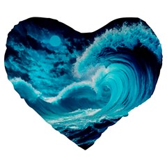 Waves Ocean Sea Tsunami Nautical 3 Large 19  Premium Flano Heart Shape Cushions