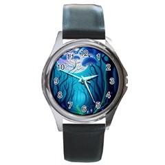 Forrest Jungle Blue Artwork Round Metal Watch by Jancukart