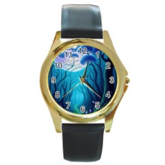 Forrest Jungle Blue Artwork Round Gold Metal Watch