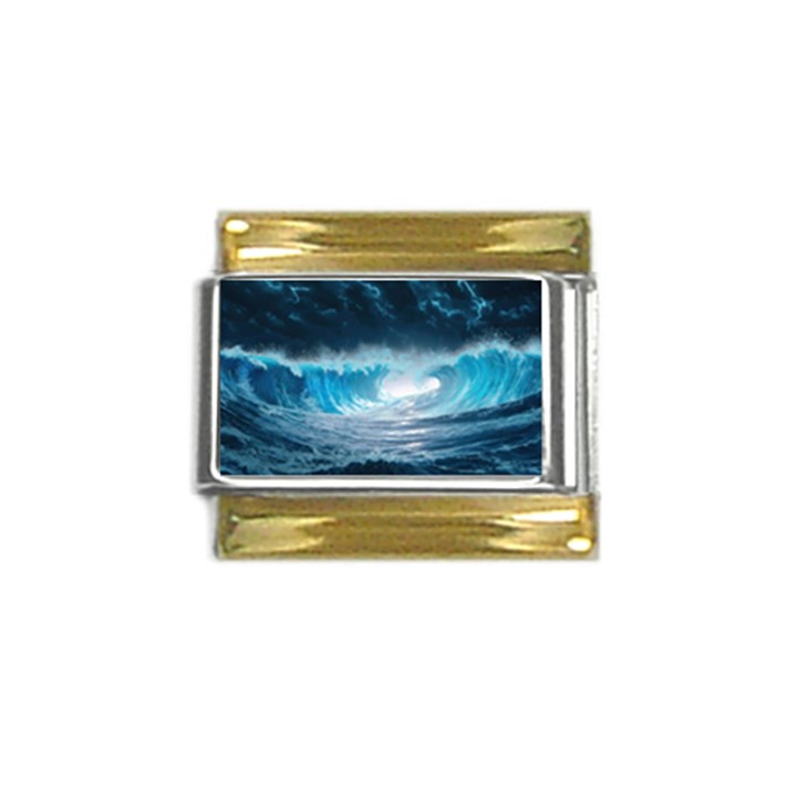 Thunderstorm Storm Tsunami Waves Ocean Sea Gold Trim Italian Charm (9mm)