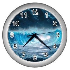 Thunderstorm Storm Tsunami Waves Ocean Sea Wall Clock (silver)