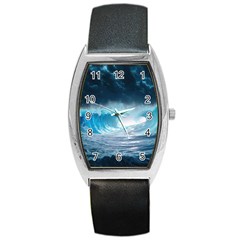 Thunderstorm Storm Tsunami Waves Ocean Sea Barrel Style Metal Watch by Jancukart