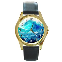 Tsunami Waves Ocean Sea Nautical Nature Water Nature Round Gold Metal Watch by Jancukart