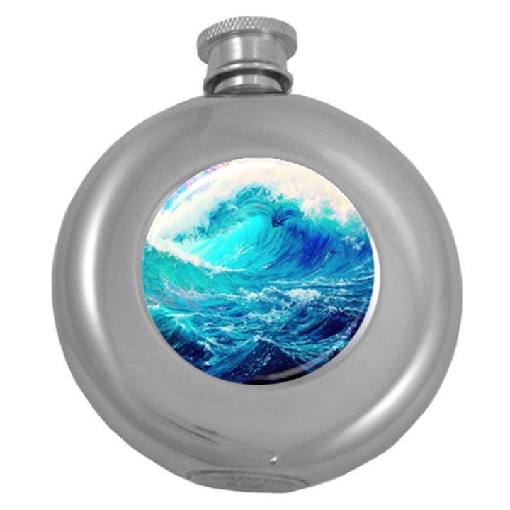 Tsunami Waves Ocean Sea Nautical Nature Water Nature Round Hip Flask (5 oz)