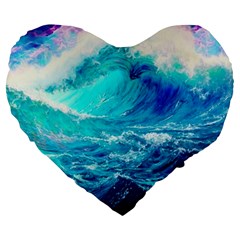 Tsunami Waves Ocean Sea Nautical Nature Water Nature Large 19  Premium Heart Shape Cushions