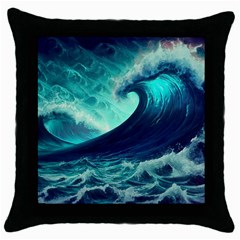 Waves Ocean Sea Tsunami Nautical Throw Pillow Case (black) by Jancukart